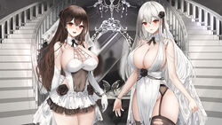  2girls :d absurdres black_flower black_legwear black_rose bound_together breasts brown_hair bug butterfly chandelier cleavage collar commentary contrast covered_navel cowboy_shot dress elbow_gloves english_commentary flower garter_belt gloves hair_between_eyes hair_flower hair_ornament halloween has_bad_revision has_cropped_revision highres indoors large_breasts lillly lips long_hair looking_at_viewer md5_mismatch mirror multiple_girls navel open_mouth original parted_lips red_eyes resolution_mismatch rose see-through see-through_dress sleeveless sleeveless_dress smile source_smaller stairs standing thick_thighs thighhighs thighs torn_clothes torn_thighhighs very_long_hair white_dress white_flower white_gloves white_hair white_lips white_rose 