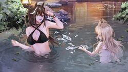  2girls animal_ears arknights bare_shoulders bikini black_bikini black_choker black_hair breasts cat_ears choker cleavage commentary_request gianna_(arknights) green_eyes grey_hair hair_between_eyes highres horse_ears large_breasts long_hair material_growth meteor_(arknights) multiple_girls navel one_eye_closed open_mouth oripathy_lesion_(arknights) partially_submerged qingsuniaoming splashing stomach strapless swimsuit water 