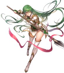  arm_guards armor belt boots breastplate brown_belt closed_mouth dress elbow_gloves erinys_(fire_emblem) female fingerless_gloves fire_emblem fire_emblem:_genealogy_of_the_holy_war fire_emblem_heroes full_body gloves green_eyes green_gloves green_hair highres holding holding_weapon kakage long_hair looking_away non-web_source official_art polearm short_dress shoulder_armor sleeveless solo spear thigh_boots thighhighs thighs transparent_background weapon white_dress white_footwear zettai_ryouiki 