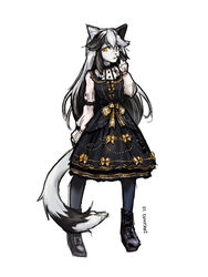  2023 3:4 alternative_fashion anthro black_hair chemisette classic_lolita clothing dragonfu dress felid feline female goth gothic_lolita hair hi_res hikari_(hikarikurisu) j-fashion lolita_(fashion) looking_at_viewer mammal multicolored_hair solo standing tail victorian_goth white_hair yellow_eyes 