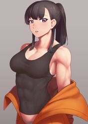  abs armpits bad_id bad_twitter_id bare_shoulders biceps black_hair black_tank_top breasts brown_eyes cleavage collarbone covered_navel en&#039;en_no_shouboutai female grey_background highres linea_alba lips looking_at_viewer maki_oze medium_breasts midriff_peek muscular muscular_female obliques panties parted_lips ponytail putcher sideboob simple_background solo tank_top toned underwear undressing white_panties 