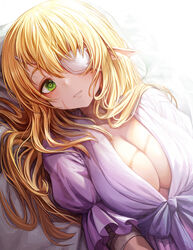  bad_id bad_twitter_id blonde_hair boroboro_no_elf-san_o_shiawaseni_suru_kusuri_uri-san breasts commentary dress elf eyepatch female frilled_sleeves frills gibagiba green_eyes hair_between_eyes hair_spread_out highres large_breasts long_hair looking_at_viewer lying nightgown notched_ear on_back one_eye_covered parted_lips pointy_ears puffy_short_sleeves puffy_sleeves purple_dress reszurre scar scar_on_face shiny_clothes shiny_skin short_sleeves smile solo 