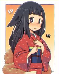  !? alternate_hair_length alternate_hairstyle animal_ears blush brown_eyes commentary_request ears_down female fox_ears fox_girl fox_tail japanese_clothes kimono kitsune kukuri_(mawaru) long_hair long_sleeves looking_at_viewer mawaru_(mawaru) nose_blush obi original parted_lips red_kimono sash solo tail wide_sleeves 