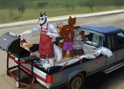  anthro apron barbecue beard beverage canid canine canis car clothing dar_pomorza domestic_dog dragon facial_hair food fox group gumiboie hand_over_shoulder light_truck male mammal motor_vehicle mythological_creature mythological_scalie mythology necktie outside partially_submerged pickup_truck road scalie swimwear tail truck_(vehicle) vehicle vethuleion 