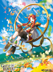  character_name cloud female gate_ruler high_heels logo looking_at_viewer noki_(affabile) official_art open_mouth orange_eyes parted_bangs petals pointy_ears red_hair short_hair_with_long_locks sky smile solo swinging 