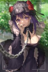  absurdres bonnet breasts chain_leash chains cleavage clenched_teeth commentary cosplay dress eyelashes female hand_on_own_cheek hand_on_own_face highres jyuma kitagawa_marin kuroe_shizuku large_breasts leash lolita_fashion long_sleeves looking_at_viewer maid purple_eyes purple_hair purple_nails recording short_hair solo sono_bisque_doll_wa_koi_wo_suru teeth viewfinder 