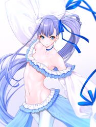  bare_shoulders bikini blue_bow blue_eyes blue_ribbon bow breasts choker closed_mouth collarbone commentary_request earrings fate/grand_order fate_(series) female frilled_bikini frills grey_background hair_ornament hair_ribbon highres jewelry long_hair long_sleeves looking_at_viewer meltryllis_(fate) meltryllis_(swimsuit_lancer)_(fate) meltryllis_(swimsuit_lancer)_(third_ascension)_(fate) mikan_(chipstar182) navel puffy_sleeves purple_hair ribbon simple_background sleeves_past_fingers sleeves_past_wrists small_breasts solo swimsuit v-shaped_eyebrows very_long_hair white_background 