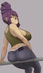  absurdres ass breasts command_grab_(nuclear_wasabi) curvy denim downpants female from_behind green_tank_top grey_background grey_hair highres jeans large_breasts long_hair looking_back nuclear_wasabi original panties pants panty_peek purple_hair sidelocks simple_background sitting solo tank_top underwear 