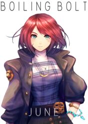  bead_bracelet beads black_skirt blue_eyes boiling_bolt bracelet brown_jacket character_name copyright_name ctiahao female highres jacket jewelry june_(boiling_bolt) photoshop_(medium) plaid plaid_shirt red_hair shirt skirt solo white_background 