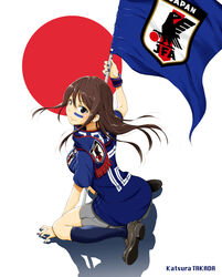  absurdres arm_up artist_name black_eyes black_socks blue_nails blue_scarf blue_shirt brown_footwear brown_hair earrings facial_mark female flag full_body grey_skirt highres holding holding_flag j._league japanese_flag jewelry kneehighs print_scarf red_background scarf shadow shirt short_sleeves sitting skirt socks solo stud_earrings takada_katsura wariza white_background wristband 