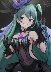  bare_shoulders blue_eyes blue_hair breasts choker covered_navel dragalia_lost female halloween_costume hat highres long_hair medium_breasts odetta_(dragalia_lost) official_alternate_costume punished_pigeon smile 