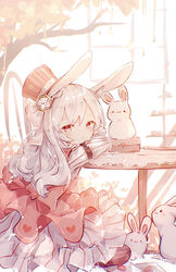  absurdres animal_ears belt bow closed_eyes dress female hat highres long_hair long_sleeves miyu_(miy_u1308) original pink_bow rabbit rabbit_ears red_eyes solo striped_clothes striped_headwear striped_sleeves top_hat watch white_hair 