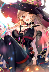  black_dress black_gloves black_hat breasts cleavage clothing_cutout commentary doushite dress english_commentary female gloves hair_between_eyes hat highres large_breasts long_hair looking_at_viewer nijisanji nui_sociere nui_sociere_(1st_costume) partially_fingerless_gloves short_dress sideboob smile solo virtual_youtuber white_gloves witch_hat yellow_eyes 