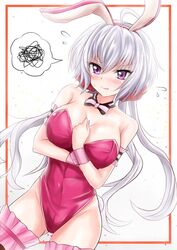  ahoge animal_ears bare_shoulders blush bow bowtie breasts cleavage commentary_request covered_navel embarrassed fake_animal_ears female groin large_breasts leotard long_hair pink_leotard playboy_bunny purple_eyes r-binon rabbit_ears senki_zesshou_symphogear solo striped_bow striped_bowtie striped_clothes sweat sweatdrop white_hair yukine_chris 