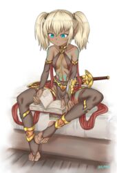  absurdres aged_down armlet armor artist_name bare_shoulders bed blonde_hair blue_eyes body_markings book dancer dark-skinned_female dark_skin elf female gold_armor highres lettanya loincloth navel_piercing orange_gemstone original piercing pointy_ears sitting solo sword tan toes tsukimaru_(ls_99ml) twintails warrior weapon white_background wooden_floor 