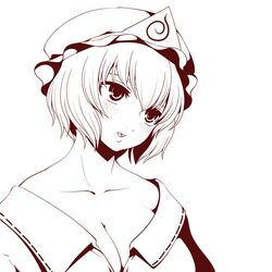  breasts collarbone commentary_request female greyscale haseru_(ginku_mh) hat large_breasts mob_cap monochrome open_mouth saigyouji_yuyuko short_hair solo touhou triangular_headpiece upper_body 