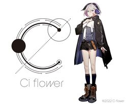  belt belt_boots black_footwear black_jacket black_shorts black_socks blue_eyes boots cevio character_name choker ci_flower collarbone commentary copyright_notice cross-laced_footwear female flower_(vocaloid) full_body grey_shirt hand_on_own_chest headphones highres jacket kneehighs lace-up_boots layered_shirt logo looking_at_viewer multicolored_hair nail_polish official_art oguchi purple_hair purple_nails shirt short_hair shorts socks solo standing streaked_hair tachi-e third-party_source tsurime vocaloid white_background white_hair 