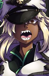  cape close-up commentary dark-skinned_female dark_skin english_commentary eunnieverse female guilty_gear guilty_gear_strive hat hat_over_one_eye high_collar highres long_hair looking_at_viewer open_mouth orange_eyes peaked_cap platinum_blonde_hair portrait ramlethal_valentine sharp_teeth solo teeth watermark 