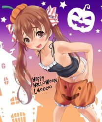  blush bow bow_panties brown_eyes brown_hair character_name collarbone feet_out_of_frame female hair_between_eyes halloween halloween_costume happy_halloween highres kantai_collection libeccio_(kancolle) long_hair neko_danshaku oerba_yun_fang official_alternate_costume open_mouth orange_shorts panties pumpkin_hat shorts skin_fang solo striped_clothes striped_panties twintails underwear 