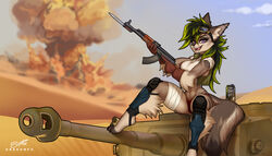  2023 7:4 abs ak-47 ak_platform alcohol anthro assault_rifle bandage bandaged_leg bayonet beer beverage beverage_can canid canine canis dragonfu ear_piercing ear_ring explosion eyewear eyewear_on_head female fluffy fluffy_tail goggles goggles_on_head green_hair gun hair industrial_piercing jackal knee_pads knife long_hair looking_at_viewer mammal navel open_mouth outside panthera_(elusivejackal) panzer panzerkampfwagen_(tank) panzerkampfwagen_vi_(tank) piercing purple_eyes ranged_weapon rifle ring_piercing sitting solo tail tank trigger_discipline vehicle weapon 