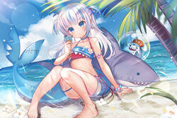  absurdres barefoot beach bikini bloop_(gawr_gura) blue_eyes blue_hair blunt_bangs bracelet breasts commentary feet female fins fish_tail food gawr_gura grey_hair hair_ornament highres hololive hololive_english ice_cream jewelry legs looking_at_viewer medium_hair multicolored_hair ocean outdoors palm_tree rinringyo shark_girl shark_hair_ornament shark_tail small_breasts streaked_hair swimsuit tail thigh_strap tree two_side_up virtual_youtuber 