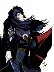  alternate_costume alternate_hair_length alternate_hairstyle belt blue_background blue_eyes blue_gloves blue_hair blue_shirt breasts cape commentary cosplay crown dh_(brink_of_memories) english_commentary female fingerless_gloves fire_emblem fire_emblem_awakening gloves hairband headband long_hair looking_at_viewer lucina_(fire_emblem) lucina_(fire_emblem)_(cosplay) persona persona_4 persona_x_detective shadow shirogane_naoto shirt signature simple_background smile solo sword weapon white_background 