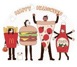  2boys 2girls :d alternate_costume arms_up black_hair brother_and_sister brown_hair burger clenched_hands closed_eyes closed_mouth commentary_request facing_viewer fast_food food food-themed_clothes french_fries gloria_(pokemon) halloween happy happy_halloween ketchup_bottle korean_commentary long_sleeves looking_at_viewer marnie_(pokemon) mcdonald&#039;s morpeko morpeko_(full) multicolored_hair multiple_boys multiple_girls open_mouth outstretched_arms piers_(pokemon) pizza pizza_slice pokemon pokemon_(creature) pokemon_swsh raihan_(pokemon) rioru_(rioru_v_v) short_hair siblings smile standing twintails two-tone_hair waving_arms 