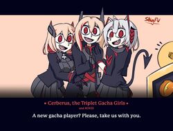  3girls arknights azur_lane bad_id bad_twitter_id banana_(girls&#039;_frontline) cerberus_(helltaker) commentary creator_connection crossover english_commentary fake_screenshot girls&#039;_frontline hair_between_eyes headgear helltaker highres jacket long_hair m4_sopmod_ii_(girls&#039;_frontline) m4_sopmod_ii_(mod3)_(girls&#039;_frontline) multicolored_hair multiple_crossover multiple_girls non-humanoid_robot open_mouth parody pink_hair red_eyes red_hair robot roon_(azur_lane) smile snafu_(snafy_snu) streaked_hair style_parody tail vanripper_(style) visual_novel w_(arknights) 