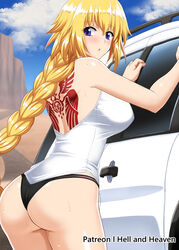  :o artist_name ass back back_tattoo bare_shoulders black_panties blonde_hair blue_eyes blue_sky blush braid breasts car clenched_hands cloud fate/apocrypha fate/grand_order fate_(series) female hellandheaven highres jeanne_d&#039;arc_(fate) jeanne_d&#039;arc_(girl_from_orleans)_(fate) large_breasts long_braid long_hair looking_to_the_side motor_vehicle open_mouth outdoors panties patreon_username pout shirt sidelocks single_braid sky sleeveless sleeveless_shirt solo standing sweat tattoo thighs underwear white_shirt 