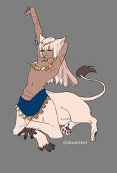  :3 animal_ears arm_behind_head arm_up blue_nails cat_ears centauroid closed_eyes dark_skin female full_body grey_background hair_ornament highres jewelry kizuta_(barometz) light_brown_hair lion_tail lying monster_girl necklace original sitting solo stretching tail taur 