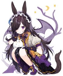  animal_ears bare_tree bat_wings black_gloves black_hair blue_flower blue_rose boots brooch claw_pose closed_mouth clothes_between_thighs collared_shirt crescent_moon english_commentary female flower frilled_hairband frills full_body gloves hair_flower hair_ornament hair_over_one_eye hairband highres horse_ears horse_girl horse_tail inuyayo jewelry long_hair looking_at_viewer moon puffy_short_sleeves puffy_sleeves purple_eyes purple_footwear rice_shower_(make_up_vampire!)_(umamusume) rice_shower_(umamusume) rose shirt short_sleeves simple_background skirt smile solo squatting star_(symbol) tail tree umamusume white_background white_shirt wings 