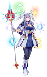  absurdres black_pantyhose blue_eyes breasts cleavage closed_mouth dress elements energy_weapon female full_body head_wings highres long_hair melia_antiqua pantyhose simple_background smile solo staff white_background white_footwear wings xenoblade_chronicles_(series) xenoblade_chronicles_3 you_nf 