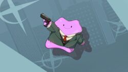  16:9 2022 ambiguous_gender bottomless clothed clothing ditto_(pokemon) drunk_oak generation_1_pokemon grey_clothing grey_topwear gun hi_res holding_gun holding_object holding_ranged_weapon holding_weapon loid_forger necktie nintendo not_furry pink_body pokemon pokemon_(species) ranged_weapon red_necktie smile solo spy_x_family suit topwear weapon widescreen 