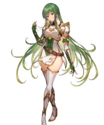  arm_guards armor belt boots breastplate brown_belt closed_mouth dress elbow_gloves erinys_(fire_emblem) female fingerless_gloves fire_emblem fire_emblem:_genealogy_of_the_holy_war fire_emblem_heroes full_body gloves green_eyes green_gloves green_hair high_heels highres kakage long_hair looking_at_viewer non-web_source official_art short_dress shoulder_armor sleeveless smile standing thigh_boots thighhighs thighs transparent_background white_dress white_footwear zettai_ryouiki 