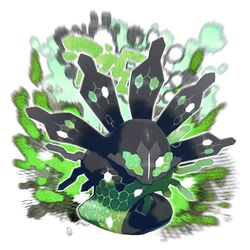  blurry commentary e_volution full_body green_eyes no_humans outline pokemon pokemon_(creature) scales solo zygarde zygarde_(50) 