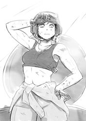  aquila_(symbol) astra_militarum bra combat_helmet crop_top dog_tags female greyscale helmet lutherniel microphone midriff military monochrome navel prosthesis prosthetic_fingers sleeveless sweat tattoo underwear very_sweaty warhammer_40k 