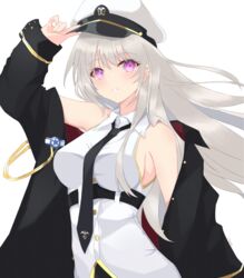  absurdres aiguillette azur_lane bare_shoulders between_breasts black_coat black_necktie blush breasts coat collared_shirt commentary english_commentary enterprise_(azur_lane) female hand_on_headwear hat highres long_hair long_sleeves medium_breasts necktie necktie_between_breasts off_shoulder open_clothes open_coat parted_lips peaked_cap purple_eyes shirt simple_background smile solo star_(symbol) upper_body vayneeeee very_long_hair white_background white_hair white_hat white_shirt 