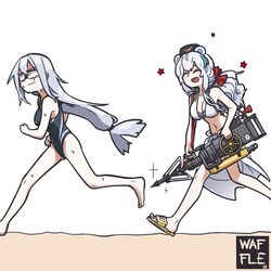  2girls alternate_costume animal_ears arknights bear_ears closed_eyes grey_hair hair_ribbon harpoon harpoon_gun hat highres long_hair multiple_girls neonfloyd open_mouth red_eyes red_ribbon ribbon rosa_(arknights) skadi_(arknights) smile sweat swimsuit tied_hair weapon white_background 