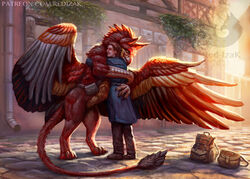  2021 avian backlighting backpack beak biped blue_clothing blue_coat blue_topwear bottomwear brown_bottomwear brown_clothing brown_pants building claws closed_eyes clothed clothing coat digitigrade duo feathered_wings feathers female feral finger_claws footwear fully_clothed gryphon hi_res hug human inner_ear_fluff izora larger_female light lighting long_coat male mammal mythological_avian mythological_creature mythology on_hind_legs pants plantigrade quadruped red-izak red_body red_feathers ricsimane_(character) rock scuted_arms scutes shaded shadow shoes size_difference smaller_male standing sunrise tail tail_tuft text toe_claws topwear tuft url wings 