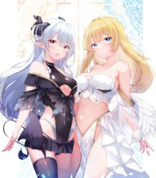  2girls angel_and_devil angel_wings bandeau bare_shoulders black_leotard black_shirt black_skirt blonde_hair blue_eyes breasts closed_mouth clothing_cutout covered_navel cowboy_shot crop_top demon_girl demon_horns demon_tail demon_wings detached_sleeves feathered_wings fuuna gold_trim grey_panties hair_intakes halo highleg highleg_leotard highleg_panties highres horns leotard long_hair looking_at_viewer medium_breasts microskirt midriff multiple_girls navel no_panties oerba_yun_fang off-shoulder_shirt off_shoulder open_mouth original panties pelvic_curtain pleated_skirt pointy_ears red_eyes revealing_clothes see-through shirt single_thighhigh skirt smile standing stomach strapless string_panties tail thighhighs thighs torn_clothes torn_shirt tube_top underboob underboob_cutout underwear white_hair white_skirt wings 