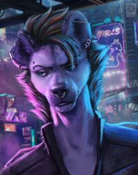  2021 anthro black_hair digital_media_(artwork) ear_piercing ear_ring eyebrows eyelashes facial_piercing hair headshot_portrait hyena male mammal moon-s nose_piercing nose_ring piercing portrait realistic ring_piercing smile solo 