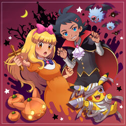  2boys :o ascot ashley_(pokemon) black_hair black_nails blonde_hair blue_eyes blush bow_hairband brown_eyes buttons claw_pose commentary crescent_moon cross crossdressing cyaneko dress framed goh_(pokemon) grey_shirt grin hairband halloween halloween_costume hands_up highres holding holding_cross long_hair male_focus moon multiple_boys nail_polish open_mouth orange_dress orange_nails otoko_no_ko pants pikachu pink_hairband pokemon pokemon_(anime) pokemon_(classic_anime) pokemon_(creature) pokemon_journeys satoshi_(pokemon) shirt short_hair smile star_(symbol) teeth tongue vest woobat 