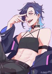  1boy 2022 armband artist_name artist_signature blue_eyes choker clothed earrings femboy first_post_of_artist jacket male male_only midriff midriff_baring_shirt nijisanji nijisanji_en open_mouth shoulder_length_hair streetwear toned twink two_tone_hair v vanillafry virtual_youtuber yugo_asuma 