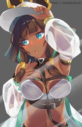  alternate_costume bare_shoulders baseball_cap black_hair blue_eyes blue_hair blue_nails breasts choker dark-skinned_female dark_skin dragalia_lost female hat long_hair medium_breasts multicolored_hair nail_polish navel nefaria official_alternate_costume ragnaveldt two-tone_hair upper_body 