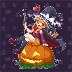  ;d black_socks bloomers blunt_bangs bow bowtie cape commentary_request crossed_legs detached_sleeves female hair_ribbon hat horn_bow horn_ornament horns ibuki_suika jack-o&#039;-lantern kneehighs kumamoto_(bbtonhk2) leaf long_hair long_sleeves looking_at_viewer low-tied_long_hair lowres mary_janes oerba_yun_fang one_eye_closed orange_bloomers orange_eyes orange_hair outline pixel_art purple_shirt red_bow red_footwear ribbon shirt shoes single_detached_sleeve sitting smile socks solo touhou wand white_outline white_ribbon witch_hat 