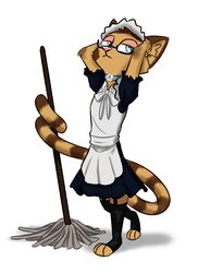  2020 anthro banded_linsang bell brown_body brown_fur cleaning_tool clothed clothing collar eyewear fully_clothed fur glasses hi_res linsang maid_uniform mammal mop pose simple_background solo standing theblueberrycarrots ty_(appleseed) uniform viverrid white_background 