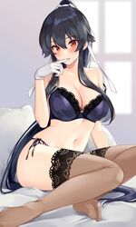  bed_sheet biting black_hair blush bra breasts brown_thighhighs cleavage female glove_biting gloves hair_ribbon ichinomiya_(blantte) kantai_collection lace-trimmed_bra lace-trimmed_legwear lace_trim long_hair looking_at_viewer navel no_shoes on_bed panties pillow ponytail red_eyes ribbon side-tie_panties sidelocks sitting solo teeth thighhighs thighs underwear underwear_only very_long_hair white_gloves white_ribbon yahagi_(kancolle) yokozuwari 