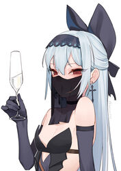  bare_shoulders beijuu black_gloves blue_hair bow breasts champagne_flute choker commentary_request cup drinking_glass earrings elbow_gloves female girls&#039;_frontline gloves hairband hairbow highres jewelry long_hair looking_at_viewer mask mouth_veil red_eyes simple_background smile solo tokarev_(girls&#039;_frontline) tokarev_(griffin&#039;s_dancer)_(girls&#039;_frontline) veil white_background 