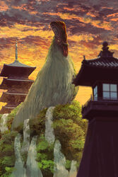  animal architecture bird building chicken creature east_asian_architecture highres monster no_humans outdoors oversized_animal scenery sky sunset toy(e) traditional_youkai yuugai_choujuu 