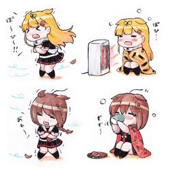  &gt;_&lt; 2girls =_= ahoge black_serafuku black_skirt black_socks blanket blonde_hair braid brown_hair chibi closed_eyes cold cup drinking hair_flaps hair_ornament heater holding holding_cup kantai_collection kneehighs leaf long_hair multiple_girls multiple_views necktie open_mouth pleated_skirt poipoi_purin red_necktie sailor_collar scarf school_uniform serafuku shigure_(kancolle) shigure_kai_ni_(kancolle) simple_background single_braid sitting skirt socks standing white_background white_scarf wind yuudachi_(kancolle) yuudachi_kai_ni_(kancolle) 